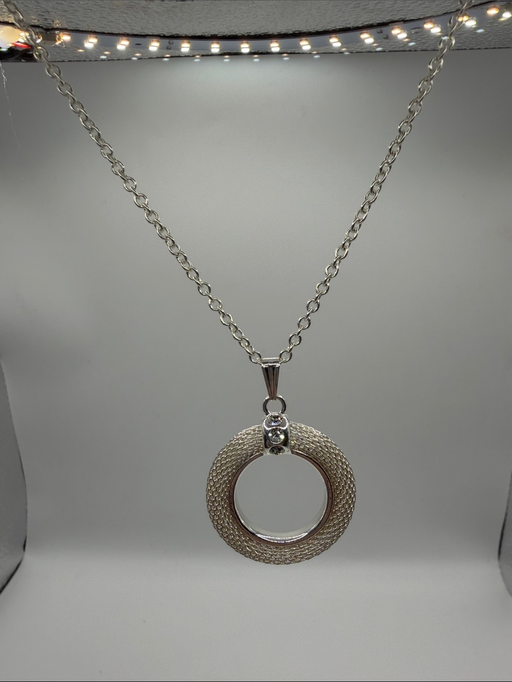 PMA Silver Tone Rhinestone Circle Pendant Long Statement Necklace